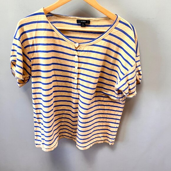 J. Crew 100% Linen blue and yellow striped t-shirt- Size XL - Picture 1 of 6